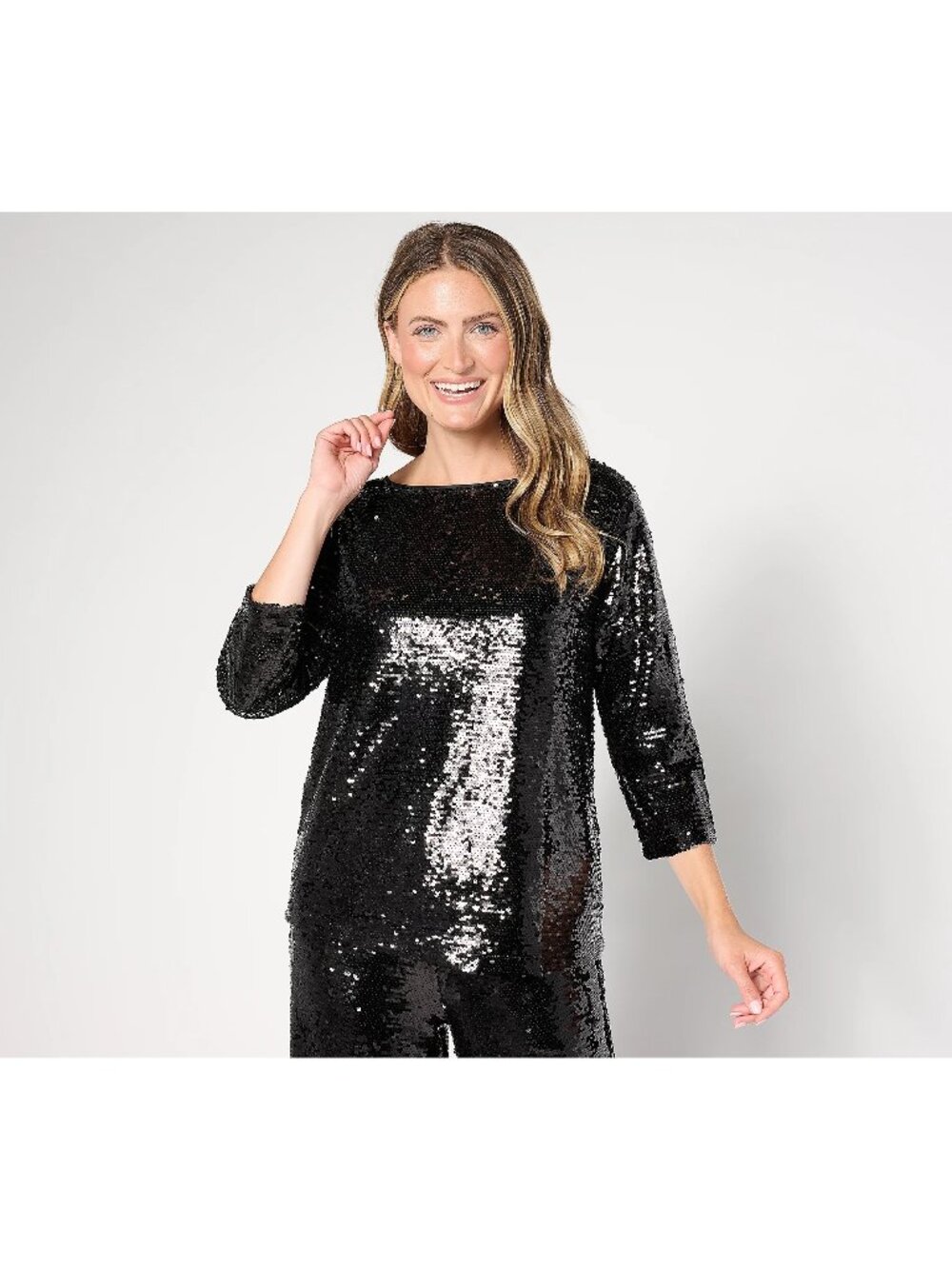 By Stacy London Sequin Foundation Top Large Long Sleeve Black Glam Rockstar Chic